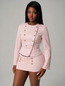 Nooralise Women's Autumn New Y2K Fashion Pink Slim Fit Double-Breasted Long Sleeve Jacket, Versatile Short Jacket - Pink - View 6