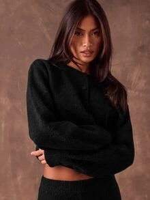 SHEIN BAE 秋冬休閒純色開襟衫與針織長褲兩件套 - 黑色 - 查看 4