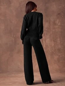 SHEIN BAE 秋冬休閒純色開襟衫與針織長褲兩件套 - 黑色 - 查看 2