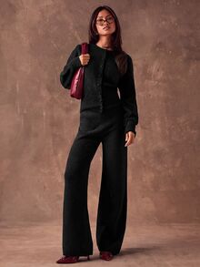 SHEIN BAE 秋冬休閒純色開襟衫與針織長褲兩件套 - 黑色 - 查看 3
