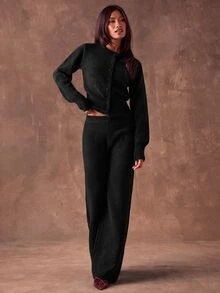 SHEIN BAE 秋冬休閒純色開襟衫與針織長褲兩件套 - 黑色 - 查看 5