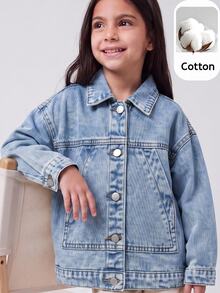 Maija Kids Maija Kids 女童Y2K蓝色牛仔翻领长袖外套，秋季儿童休闲舒适服，冬季休闲时尚度假装。 - 淺色水洗藍 - 查看 1