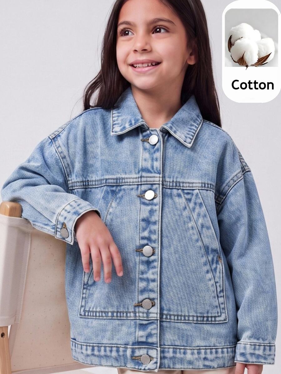 Maija Kids Maija Kids 女童Y2K蓝色牛仔翻领长袖外套,秋季儿童休闲舒适服,冬季休闲时尚度假装。 - 淺色水洗藍 - 查看 1