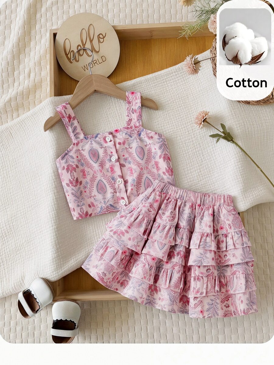 PrepCrw Gaun Pendek Anak Perempuan Motif Bunga Retro dengan Tali Bahu yang Dapat Diatur dan Hem Berlapis Berumbai, Setelan Dua Potong yang Serasi, Pakaian Liburan Musim Panas untuk Keluarga Gaya Boho - Berwarna merah muda - View 1
