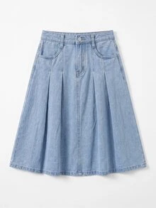 Maija Kids Maija Kids 少女Y2K时尚休闲蓝色牛仔百褶长裙，秋季返校季 - 中等水洗藍 - 查看 2