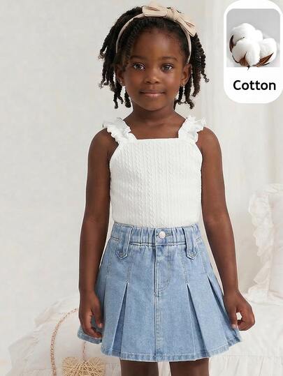 PrepCrw Young Girl's Casual Pleated Denim Skirt, Summer