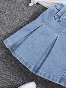 PrepCrw 年轻女孩休闲褶皱牛仔裙，夏季 - 淺色水洗藍 - 查看 4