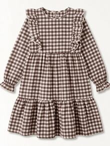 Maija Kids Maija Kids 青少年女孩年轻女孩双胞胎女孩格子宽松可爱休闲格子图案荷叶边饰荷叶边袖灯芯绒法式连衣裙，长袖连衣裙，秋冬格子连衣裙，夏季/秋季，非常适合休闲和日常穿着和上学日常，妈妈和女儿和姐妹搭配。 - 棕色 - 查看 2