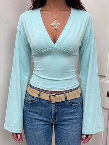 SHEIN EZwear Women's Mint Green Ruched Long Sleeve Cinched Waist Knit T-Shirt - Mint Green - View 11