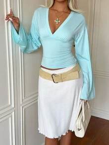 SHEIN EZwear Women's Mint Green Ruched Long Sleeve Cinched Waist Knit T-Shirt - Mint Green - View 5
