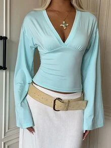SHEIN EZwear Women's Mint Green Ruched Long Sleeve Cinched Waist Knit T-Shirt - Mint Green - View 4