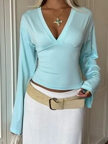 SHEIN EZwear Women's Mint Green Ruched Long Sleeve Cinched Waist Knit T-Shirt - Mint Green - View 7