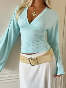 SHEIN EZwear Women's Mint Green Ruched Long Sleeve Cinched Waist Knit T-Shirt - Mint Green - View 6