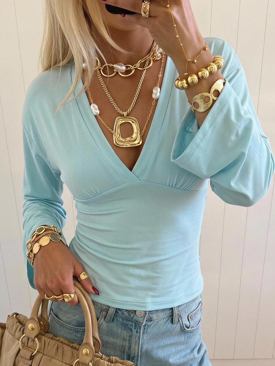 SHEIN EZwear Women's Mint Green Ruched Long Sleeve Cinched Waist Knit T-Shirt