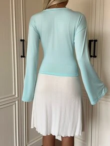 SHEIN EZwear Women's Mint Green Ruched Long Sleeve Cinched Waist Knit T-Shirt - Mint Green - View 3