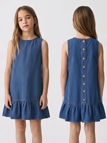 Maija Kids Maija Kids 青少年女孩夏秋休閒純色水洗鈕扣露背荷葉邊裙襬牛仔洋裝，無袖設計，適合日常旅行、戶外、居家、早午餐、茶會、通勤、機場穿搭，女孩秋冬服飾套裝，兒童開學穿搭，鄉村音樂會穿搭 - 深色水洗藍 - 查看 2