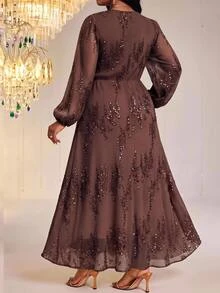 Fleurora Gaun Pesta Elegan Ukuran Besar dengan Hiasan Payet untuk Musim Gugur - Coffee Brown - View 2