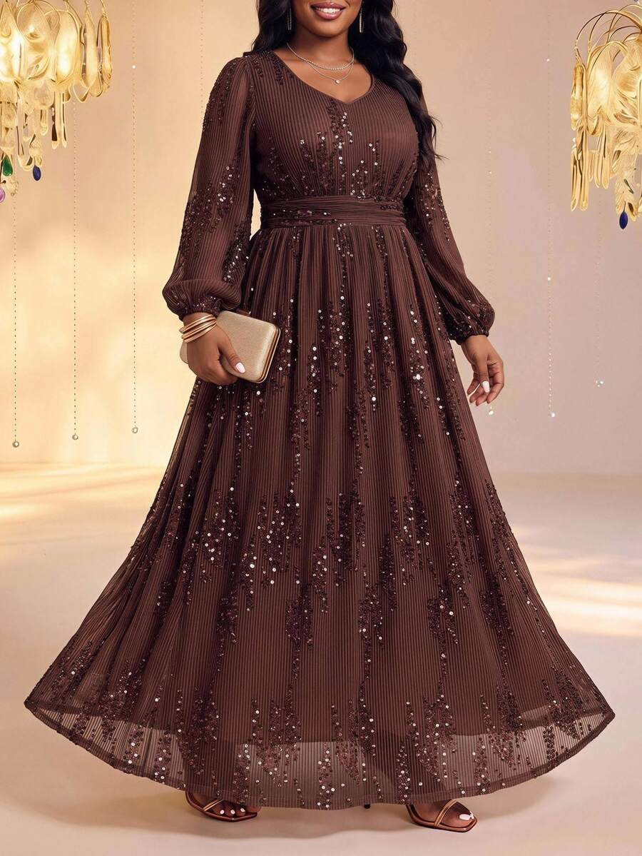 Fleurora Plus Size Elegant Party Sequin Decorated Dress Fall - Coffee Brown - View 1