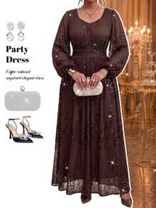 Fleurora Gaun Pesta Elegan Ukuran Besar dengan Hiasan Payet untuk Musim Gugur - Coffee Brown - View 6
