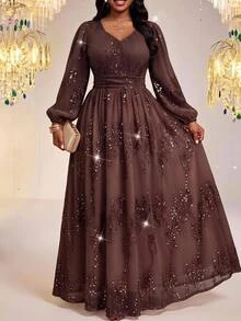 Fleurora Gaun Pesta Elegan Ukuran Besar dengan Hiasan Payet untuk Musim Gugur - Coffee Brown - View 1