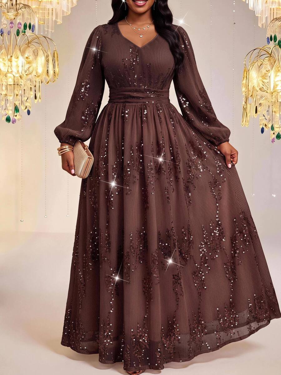 Fleurora Gaun Pesta Elegan Ukuran Besar dengan Hiasan Payet untuk Musim Gugur - Coffee Brown - View 1