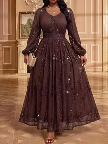 Fleurora Gaun Pesta Elegan Ukuran Besar dengan Hiasan Payet untuk Musim Gugur - Coffee Brown - View 4