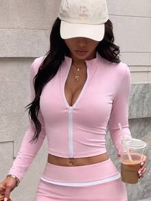 Gameset SHEIN Sport Women's Solid Color Slim Fit Long Sleeve Running Sports Jacket - Pink - View 6