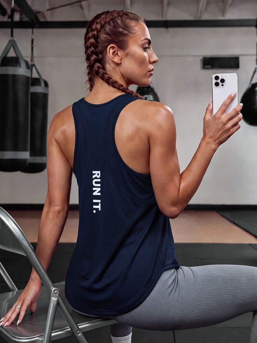 SHEIN Sports 女款字母印花休閒健身運動背心 - 藏蓝色 - 查看 1