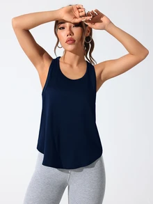 SHEIN Sports 女款字母印花休閒健身運動背心 - 藏蓝色 - 查看 3