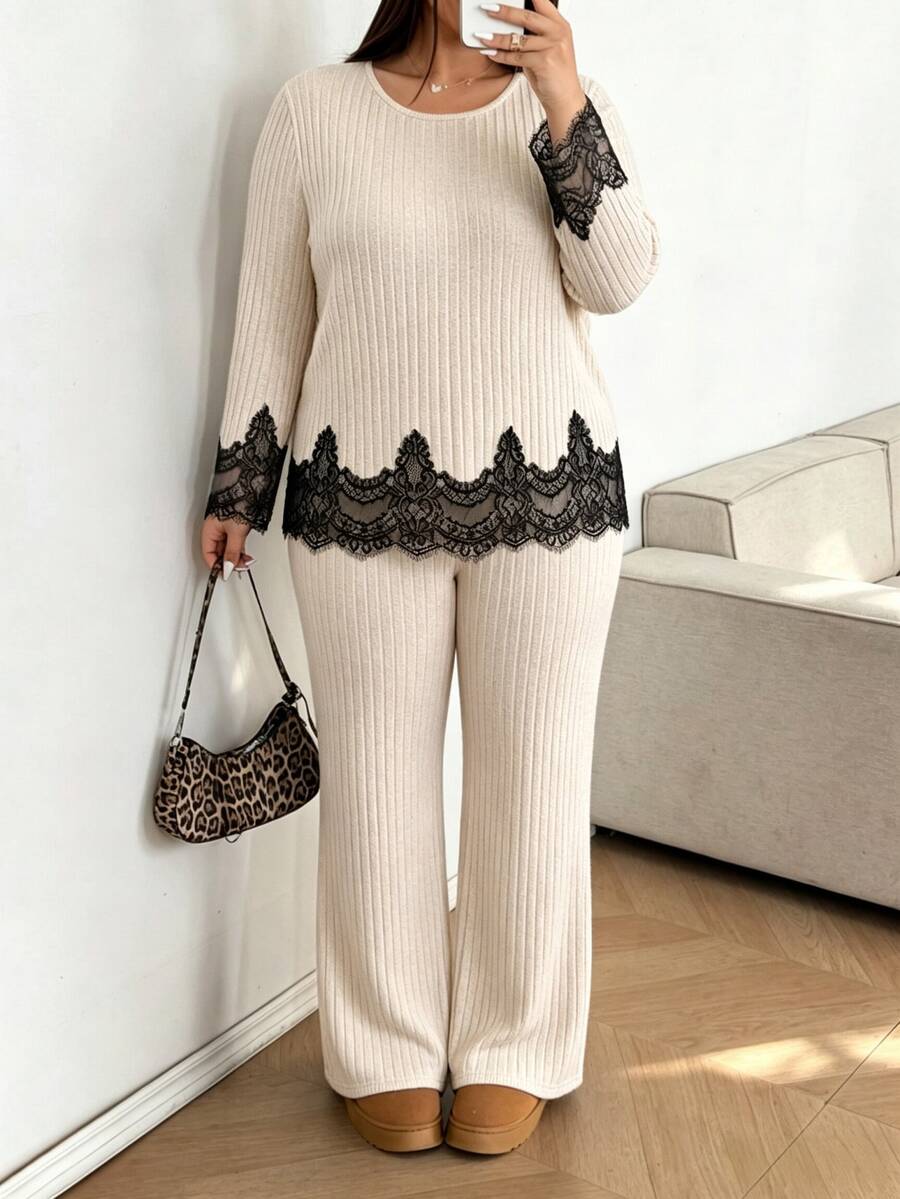 Lacomfia Plus Size Women's Contrast Lace Hem Long Sleeve Top And Pants Casual 2 Pieces Set - Apricot - View 1