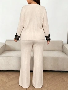 Lacomfia Plus Size Women's Contrast Lace Hem Long Sleeve Top And Pants Casual 2 Pieces Set - Apricot - View 2