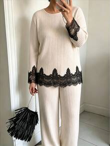 Lacomfia Plus Size Women's Contrast Lace Hem Long Sleeve Top And Pants Casual 2 Pieces Set - Apricot - View 3