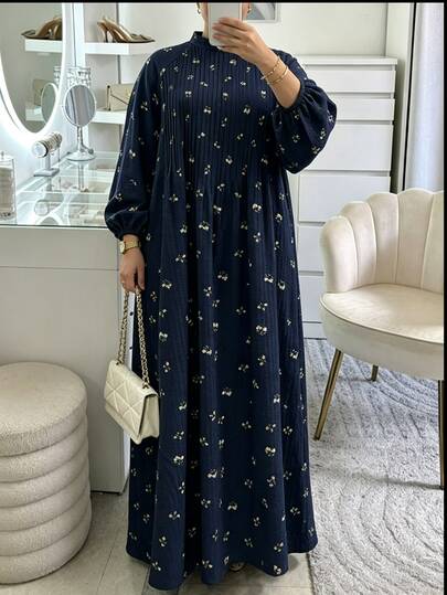 Al Najma Gaun Maxi Wanita Ukuran Besar Musim Gugur/Dingin Gaya Arab Lengan Panjang Longgar Depan Berlipit Kain Bertekstur Motif Bunga Kecil Rok Lebar Longgar Elegan untuk Pesta Liburan Kerah Tegak