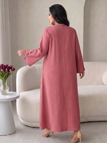 Al Najma Autumn Textured Woven Applique Lace Trim Long Sleeve Beaded Cuff Design Long Loose Casual Plus Size Women's Arabian Dress - Dusty Pink - View 2
