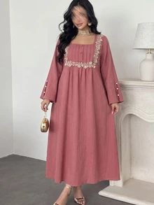 Al Najma Autumn Textured Woven Applique Lace Trim Long Sleeve Beaded Cuff Design Long Loose Casual Plus Size Women's Arabian Dress - Dusty Pink - View 3