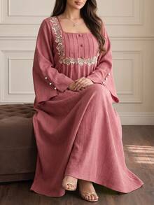 Al Najma Autumn Textured Woven Applique Lace Trim Long Sleeve Beaded Cuff Design Long Loose Casual Plus Size Women's Arabian Dress - Dusty Pink - View 1
