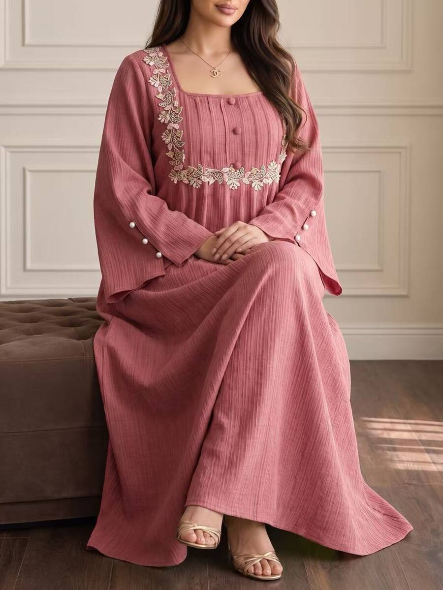 Al Najma Autumn Textured Woven Applique Lace Trim Long Sleeve Beaded Cuff Design Long Loose Casual Plus Size Women's Arabian Dress - Dusty Pink - View 1