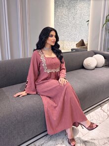 Al Najma Autumn Textured Woven Applique Lace Trim Long Sleeve Beaded Cuff Design Long Loose Casual Plus Size Women's Arabian Dress - Dusty Pink - View 4