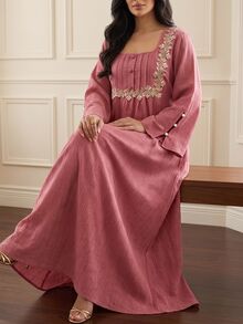 Al Najma Autumn Textured Woven Applique Lace Trim Long Sleeve Beaded Cuff Design Long Loose Casual Plus Size Women's Arabian Dress - Dusty Pink - View 6