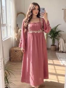 Al Najma Autumn Textured Woven Applique Lace Trim Long Sleeve Beaded Cuff Design Long Loose Casual Plus Size Women's Arabian Dress - Dusty Pink - View 7