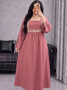 Al Najma Autumn Textured Woven Applique Lace Trim Long Sleeve Beaded Cuff Design Long Loose Casual Plus Size Women's Arabian Dress - Dusty Pink - View 5