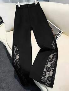 GlowEve CURVE Plus Size Women's Versatile Elegant Spliced Lace Long Pants - Black - View 4