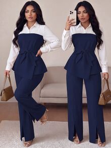 SHEIN LUNE CURVE 大尺碼女款 2 件套 極簡優雅秋季襯衫與直筒開衩長褲套裝 - 藏蓝色 - 查看 1