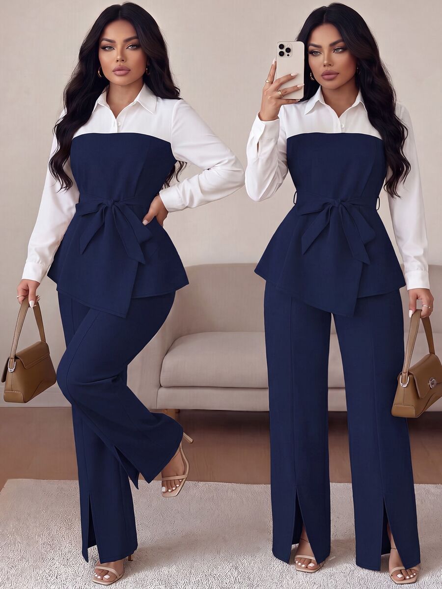 SHEIN LUNE CURVE 大尺碼女款 2 件套 極簡優雅秋季襯衫與直筒開衩長褲套裝 - 藏蓝色 - 查看 1