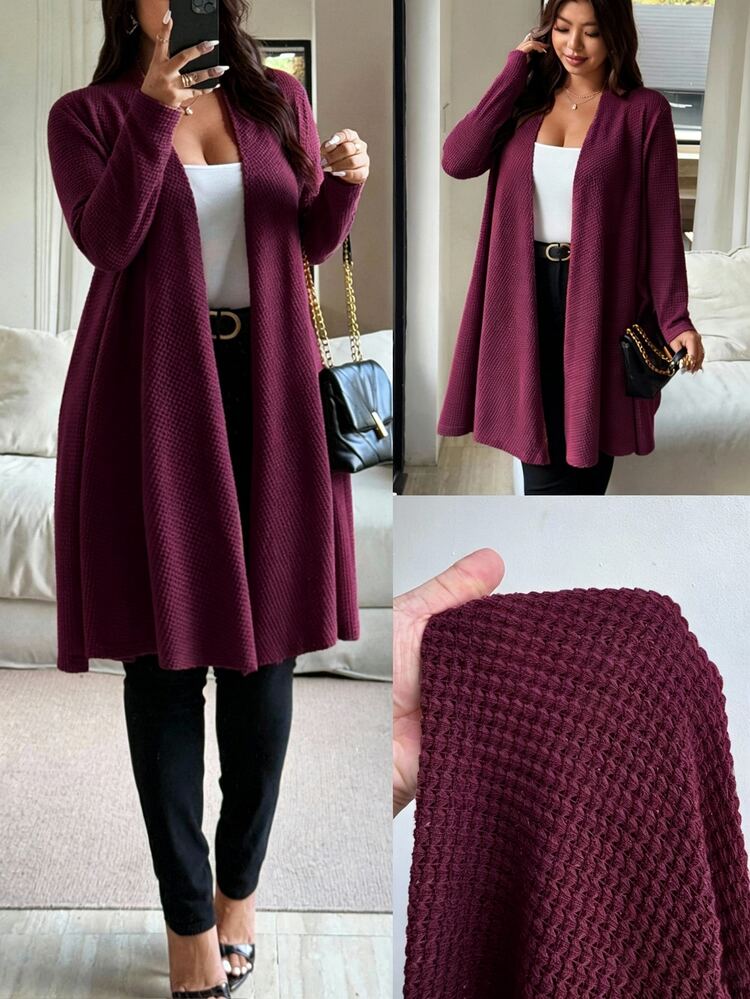 Vionelle Plus Size Casual Elegant Vacation Long Sleeve Vintage Knit Cardigan Office Autumn - Burgundy - View 7