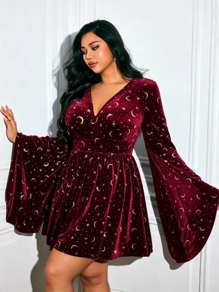 Viva Relle Plus Size Sexy V-Neck Velvet Gold Foil Bell Sleeve Party Dress - Burgundy - View 3