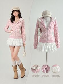 Elamini 1pc Soft Fleece Leopard Print Zip-Up Sweatshirt, Casual Cute Colorblock Design, Suitable For Autumn/Winter, Back To School Season - Pink - View 3
