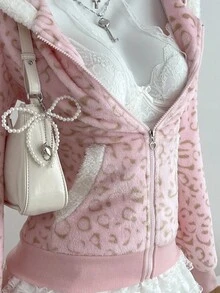 Elamini 1pc Soft Fleece Leopard Print Zip-Up Sweatshirt, Casual Cute Colorblock Design, Suitable For Autumn/Winter, Back To School Season - Pink - View 7
