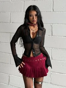 StreetHx Semi-Sheer Sexy Goth Long Sleeve Black Shirt Halloween Night Out Summer - Black - View 4