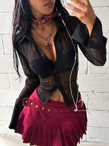 StreetHx Semi-Sheer Sexy Goth Long Sleeve Black Shirt Halloween Night Out Summer - Black - View 3